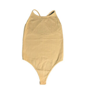 NWOT Mono B Halter Body Suit Womens Medium Pale Yellow Ribbed Summer Base Layer